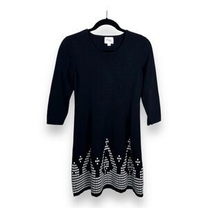 MEDIUM ECI BRAND SWEATER DRESS BLACK WHITE KNIT PULLOVER STRETCH 3/4 SLEEVE